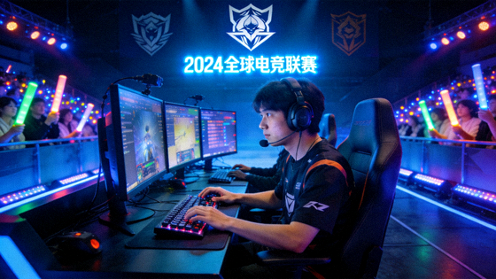 电竞赛事现场舞台，选手在比赛席位上专注操作的画面