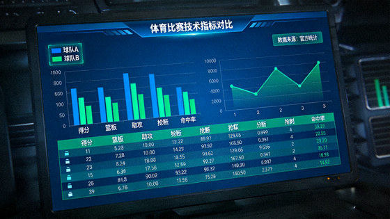 屏幕上的体育比赛数据统计图表，展示多项技术指标对比